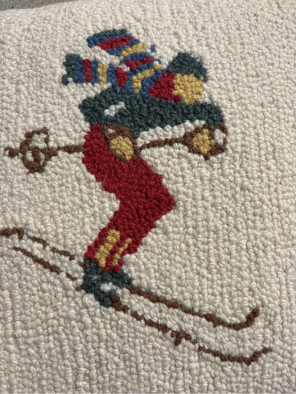 L.L. Bean Wool Hooked Downhill Skier Motif Throw Pillow 15”x16”